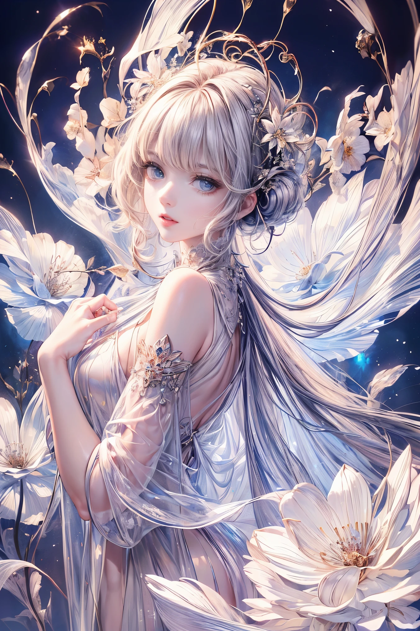 (best quality, 8k, CG, beautiful and detailed whole body, , girl, transparent coat dress, flower background, complex facial features, length, floating hair, almond eye, exquisite eye makeup, length eyelashes fluttering, blink big eyes, starry sky, delicate lip details, soft and harmonious style)、cute、sexy