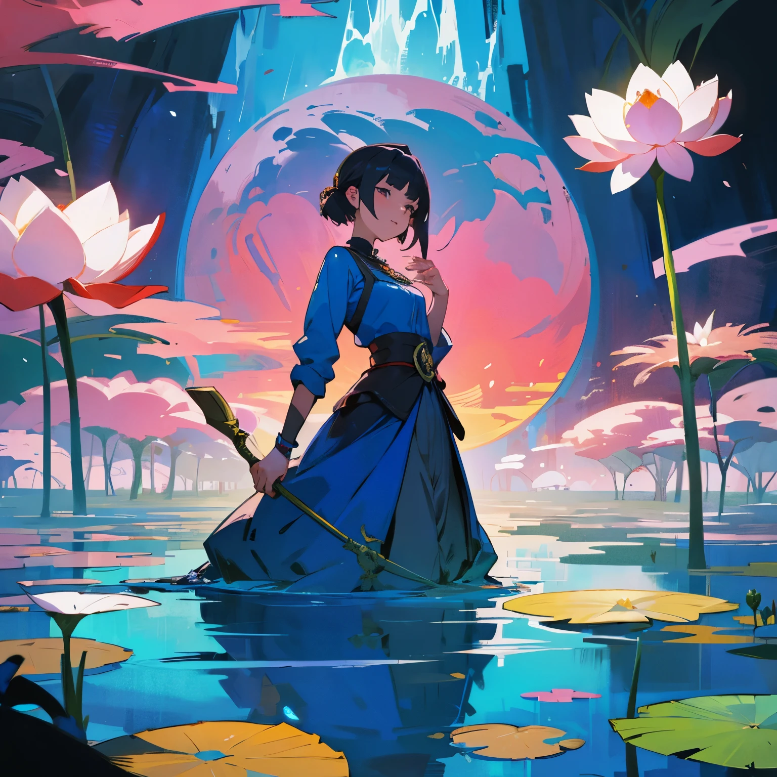 A woman wearing a blue dress stands in a flowering pond, Anime drawn by Shitao, pixiv contest winner, fantasy art, Gweiz, standing gracefully on a lotus, artwork in the style of Gweiz, gentle illustration, Gweiz on pixiv artstation, Gweiz on artstation pixiv