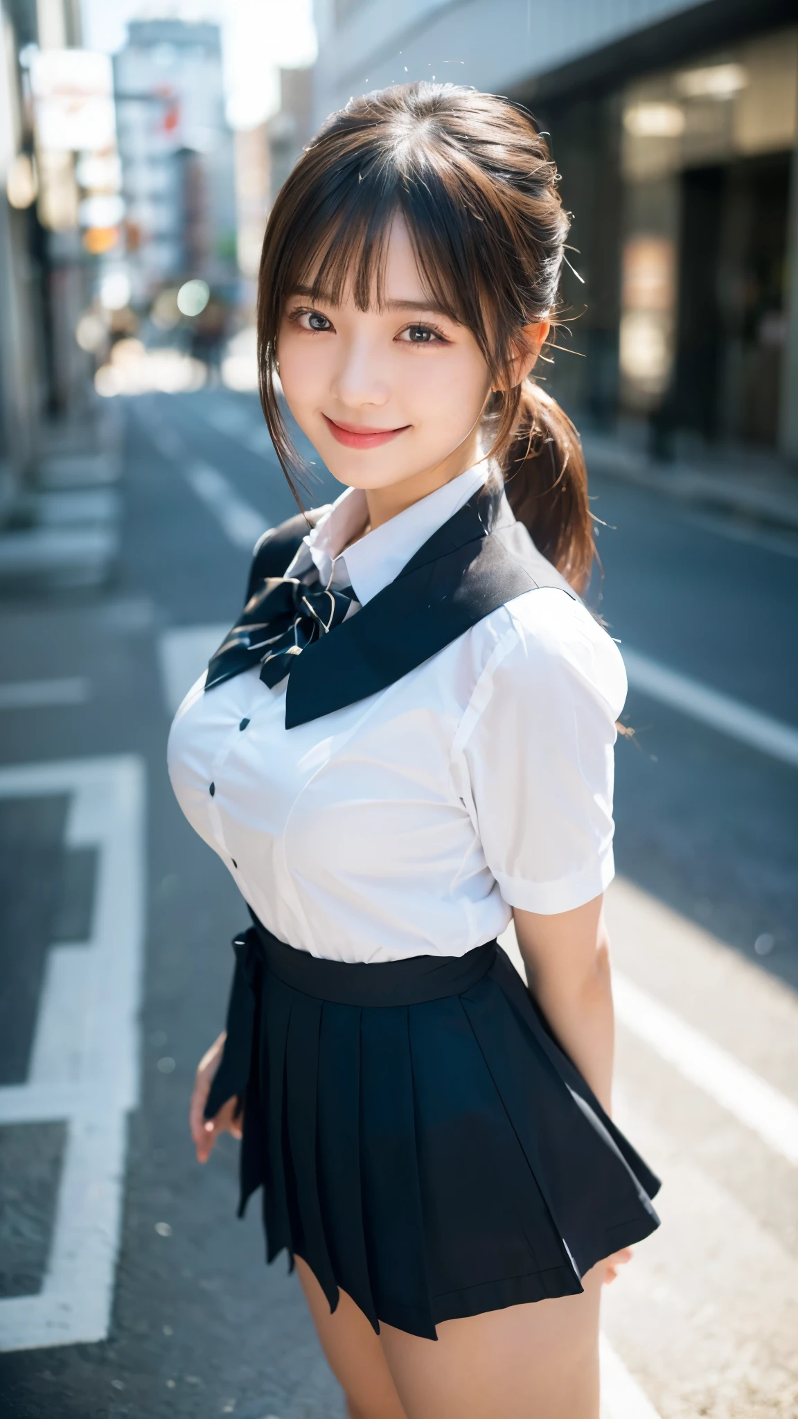 (highest quality,masterpiece:1.3,ultra high resolution),(Super detailed,caustics,8k),(photorealistic:1.4,RAW shooting),1 girl,(look at the camera with a smile),(front shot:1.1),(face forward),18-year-old,cute,Japanese,black short ponytail,school uniform,glamorous,(big boobs), close up,street,sunshine,Natural light,(Backlight),(A bright light shines from behind),(Lens flare),professional writing,(low position:1.2),(low angle full body shot:1.2)