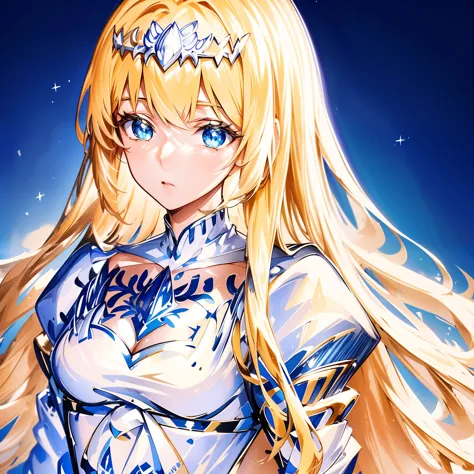 (masterpiece, best quality),  intricate details, 8k, artstation, sharp focus, 1girl, star guardian, (cool color theme),  1girl, Calca, blonde hair, extremely long hair, white tiara, tiara on her head, white dress, blue eyes, medium breasts