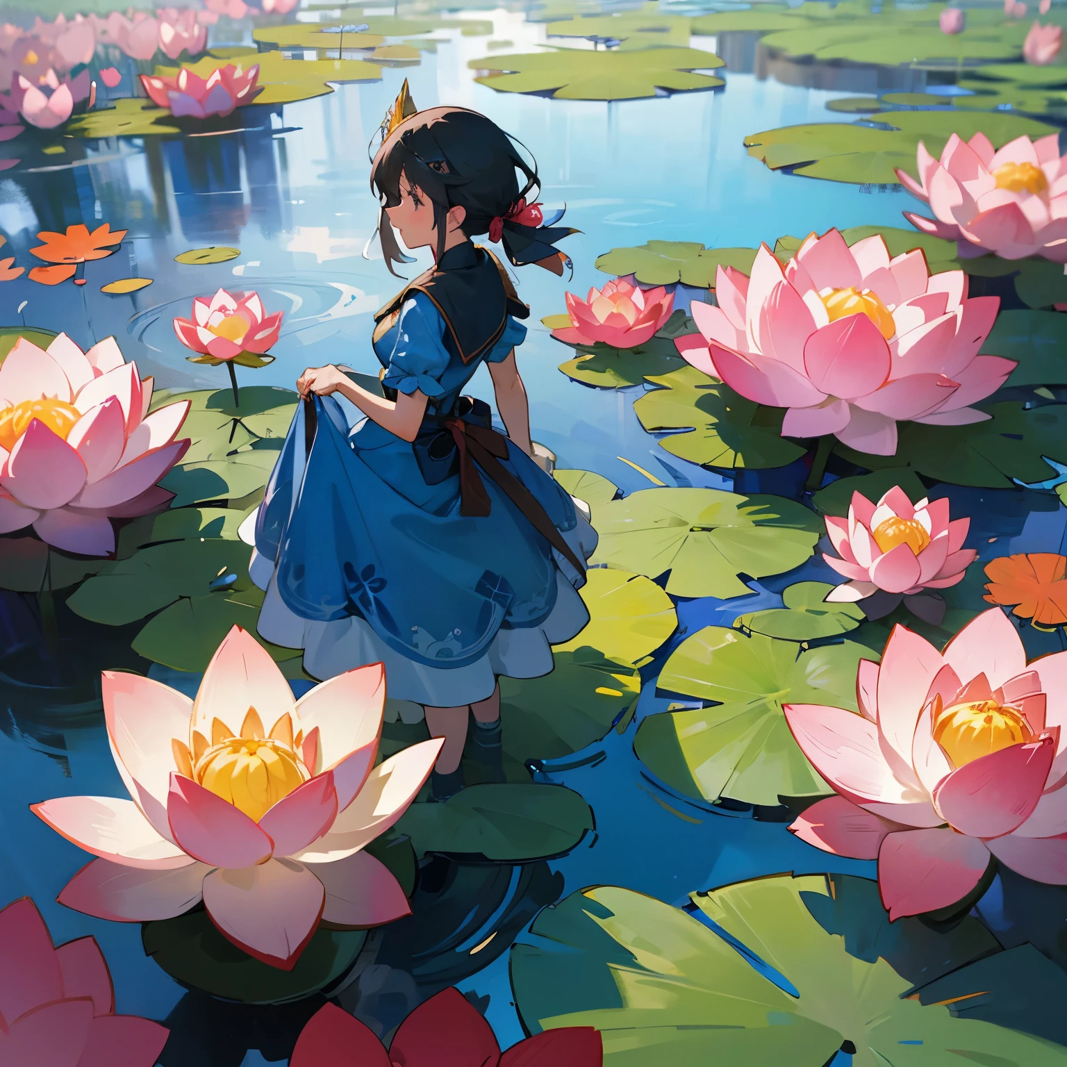 Una mujer con un vestido azul está parada en un estanque florido., Anime dibujado por Shitao, Ganador del concurso pixiv, Arte De Fantasía, Gweiz, De pie con gracia sobre un loto, obra de arte al estilo de Gweiz, ilustración suave, Gweiz en pixiv artstation, Gweiz en artstation pixiv