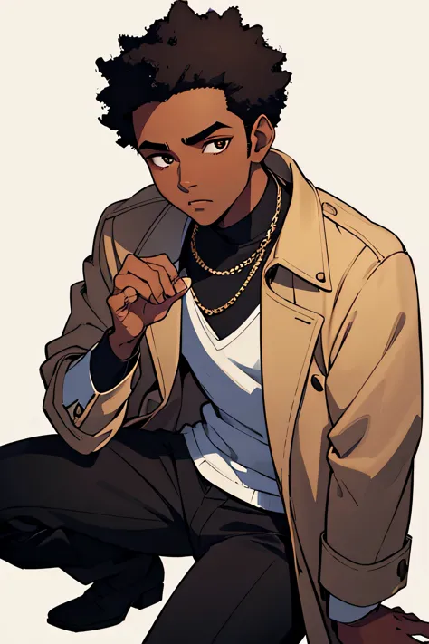 1 junger Mann, Kurze schwarze Haare, braune Haut, Kendrick-Lamar-Stil, beige coat, Jazz-Stil, White background, pixel art, High ...