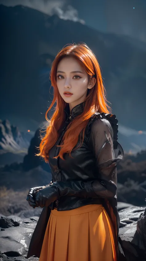 (dark bloom), kpop idol, orange hair, yellow eyes, (black skirt, gloves, black shirt), wings, sparkling clothing, (mountains, or...