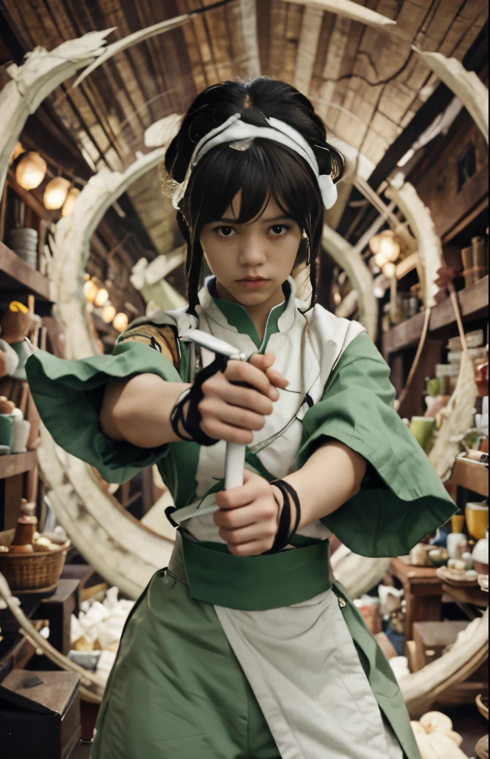 a girl in a green and white outfit holding a knife, toph bei fong, atla, akira from chinese mythology, avatar image, portrait of avatar korra, inspired by Chen Jiru, jin kagetsu, avatar the last airbender, girl hand, legend of korra, official art, hq artwork, anime cover, beautiful avatar pictures, female, Wednesday face, jenna Ortega face