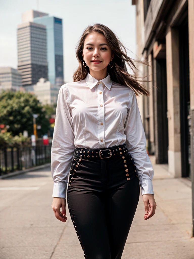 beautiful photograph of a smart looking 1girl, solo, outdoors, standing against a city skyline at midnight, wearing a crisp (white, collared shirt), fine fabric emphasis, perfectly defined button detailing, (((black high-waisted pants))), belt, diamond stud earrings, long sleek blonde hair, brown eyes, freckles, sensual smile, slender figure, full body shot, photographed on a Fujifilm XT3, 80mm F/1.7 prime lens, cinematic film still, cinestill 500T, highly detailed, masterpiece, highest quality, intricately detailed, HDR, 8k, uhd, photorealistic