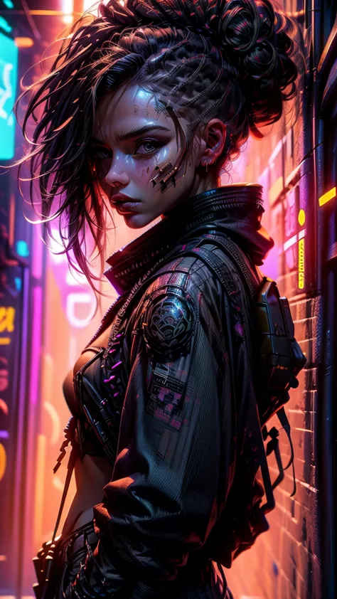 a close up of a woman with a tattoo on her arm, cyberpunk beautiful girl, beautiful cyberpunk girl face, dreamy cyberpunk girl, ...