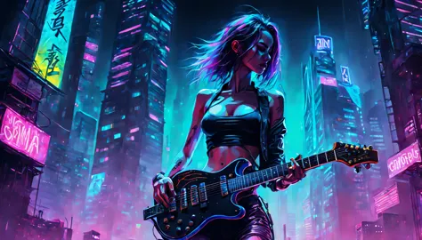 skyscraper night view neon high quality ultra high definition cyberpunk, Watercolor paints, Dangerous girl&#39;position of the c...