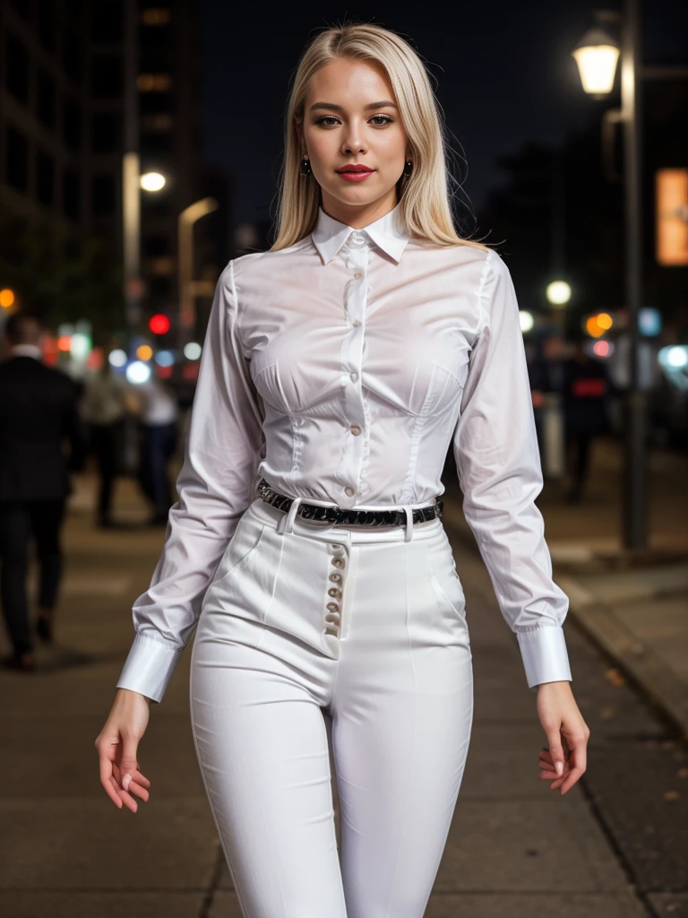 beautiful photograph of a smart looking 1girl, solo, outdoors, standing against a city skyline at midnight, wearing a crisp (white, collared shirt), fine fabric emphasis, perfectly defined button detailing, (((black high-waisted pants))), belt, diamond stud earrings, long sleek blonde hair, brown eyes, freckles, sensual smile, slender figure, full body shot, photographed on a Fujifilm XT3, 80mm F/1.7 prime lens, cinematic film still, cinestill 500T, highly detailed, masterpiece, highest quality, intricately detailed, HDR, 8k, uhd, photorealistic
