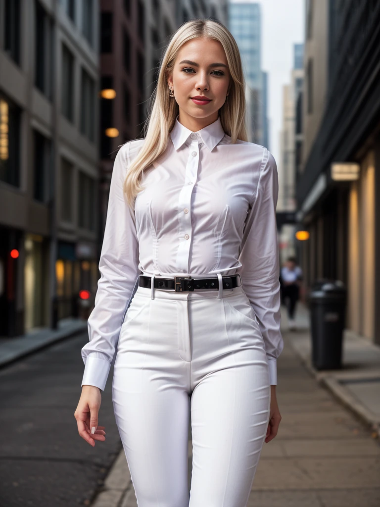 beautiful photograph of a smart looking 1girl, solo, outdoors, standing against a city skyline at midnight, wearing a crisp (white, collared shirt), fine fabric emphasis, perfectly defined button detailing, (((black high-waisted pants))), belt, diamond stud earrings, long sleek blonde hair, brown eyes, freckles, sensual smile, slender figure, full body shot, photographed on a Fujifilm XT3, 80mm F/1.7 prime lens, cinematic film still, cinestill 500T, highly detailed, masterpiece, highest quality, intricately detailed, HDR, 8k, uhd, photorealistic