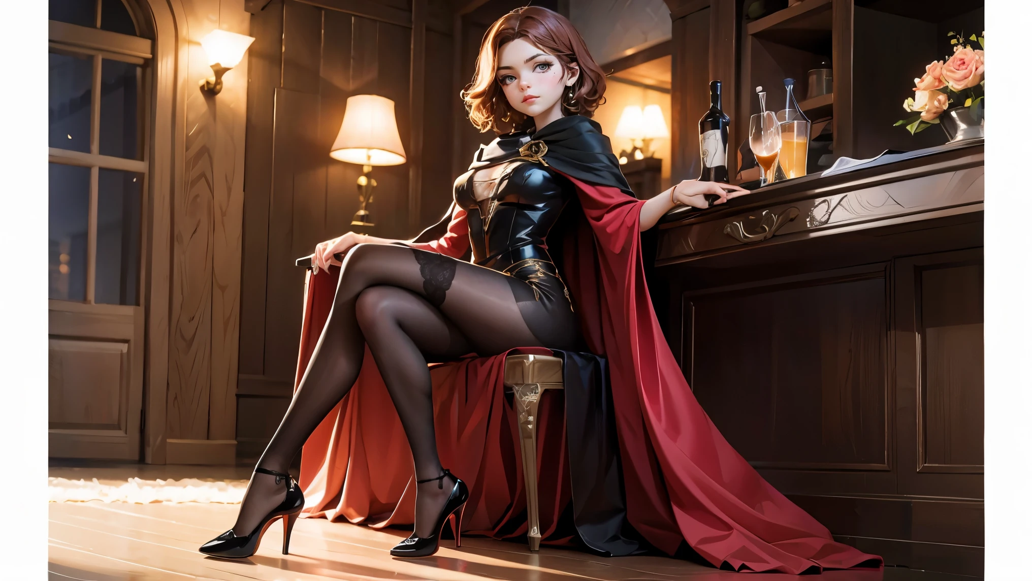 (Melina, Elden Ring), 1 girl, (full body shot), masterpiece, dynamic pose, dynamic angle, (ball gown:1.2), split thigh dress, siting on chair, showin her golden high heels, high heels, stocking, looking at viewer, tavern