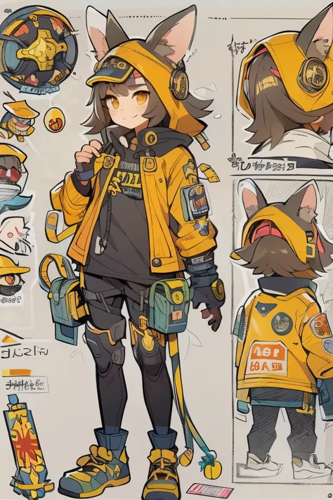 Boyish girl and creepy cute monster buddy、anime-like、Adventurer、A determined smile、Brown hair with light blue mesh、Monocle with analytical ability、Sporty、Emblem with the Ouroboros ring motif、cap with cat ears、He is equipped with a mechanical gauntlet on hi...