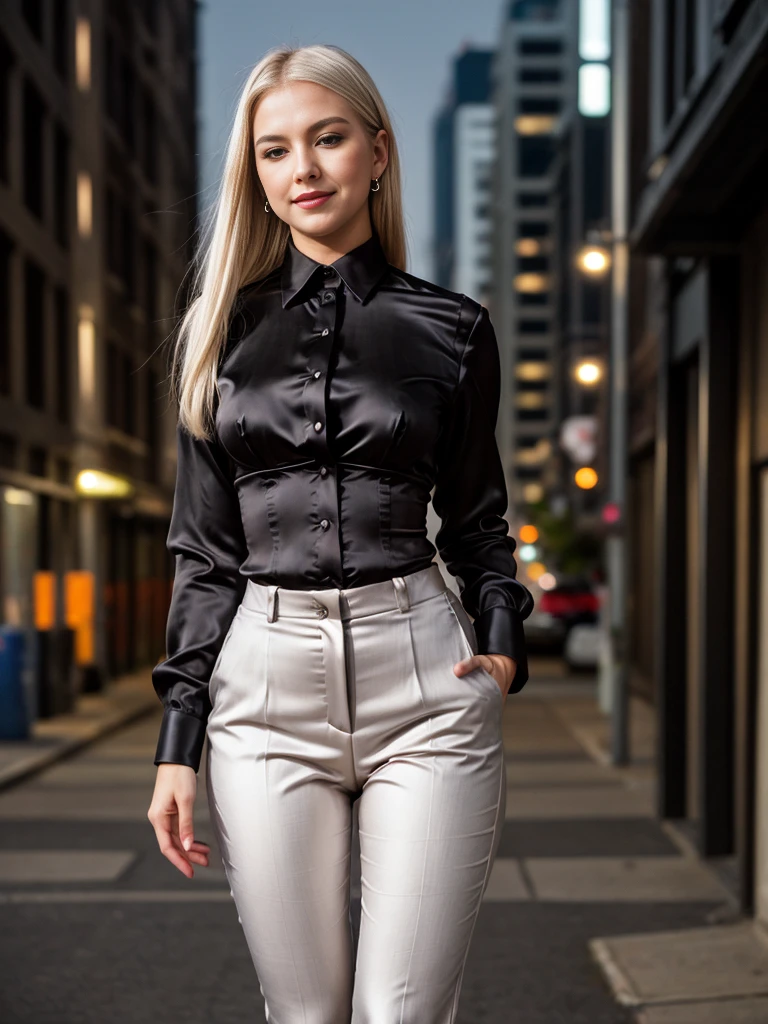 beautiful photograph of a smart looking office lady, solo, outdoors, standing against a midnight city skyline at, street light alleyway wearing a (black silk, collared shirt), fine silky-smooth fabric emphasis, perfectly defined button detailing, (((black high-waisted pants))), belt, diamond stud earrings, (long sleek back, platinum blonde hair), stunning brown eyes, freckles, ((cheeky sensual smile)), slender figure, full body shot, photographed on a Fujifilm XT3, 80mm F/1.7 prime lens, cinematic film still, cinestill 500T, highly detailed, masterpiece, highest quality, intricately detailed, HDR, 8k, uhd, photorealistic