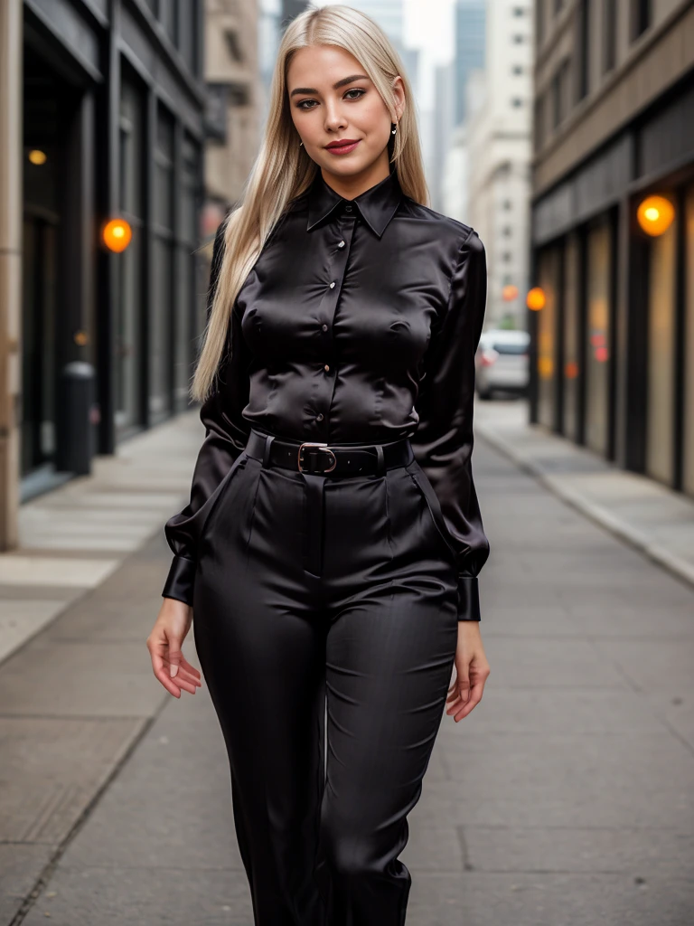 beautiful photograph of a smart looking office lady, solo, outdoors, standing against a midnight city skyline at, street light alleyway wearing a (black silk, collared shirt), fine silky-smooth fabric emphasis, perfectly defined button detailing, (((black high-waisted pants))), belt, diamond stud earrings, (long sleek back, platinum blonde hair), stunning brown eyes, freckles, ((cheeky sensual smile)), slender figure, full body shot, photographed on a Fujifilm XT3, 80mm F/1.7 prime lens, cinematic film still, cinestill 500T, highly detailed, masterpiece, highest quality, intricately detailed, HDR, 8k, uhd, photorealistic