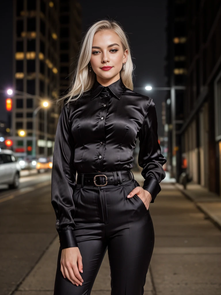 beautiful photograph of a smart looking office lady, solo, outdoors, standing against a midnight city skyline at, street light alleyway wearing a (black silk, collared shirt), fine silky-smooth fabric emphasis, perfectly defined button detailing, (((black high-waisted pants))), belt, diamond stud earrings, (long sleek back, platinum blonde hair), stunning brown eyes, freckles, ((cheeky sensual smile)), slender figure, full body shot, photographed on a Fujifilm XT3, 80mm F/1.7 prime lens, cinematic film still, cinestill 500T, highly detailed, masterpiece, highest quality, intricately detailed, HDR, 8k, uhd, photorealistic
