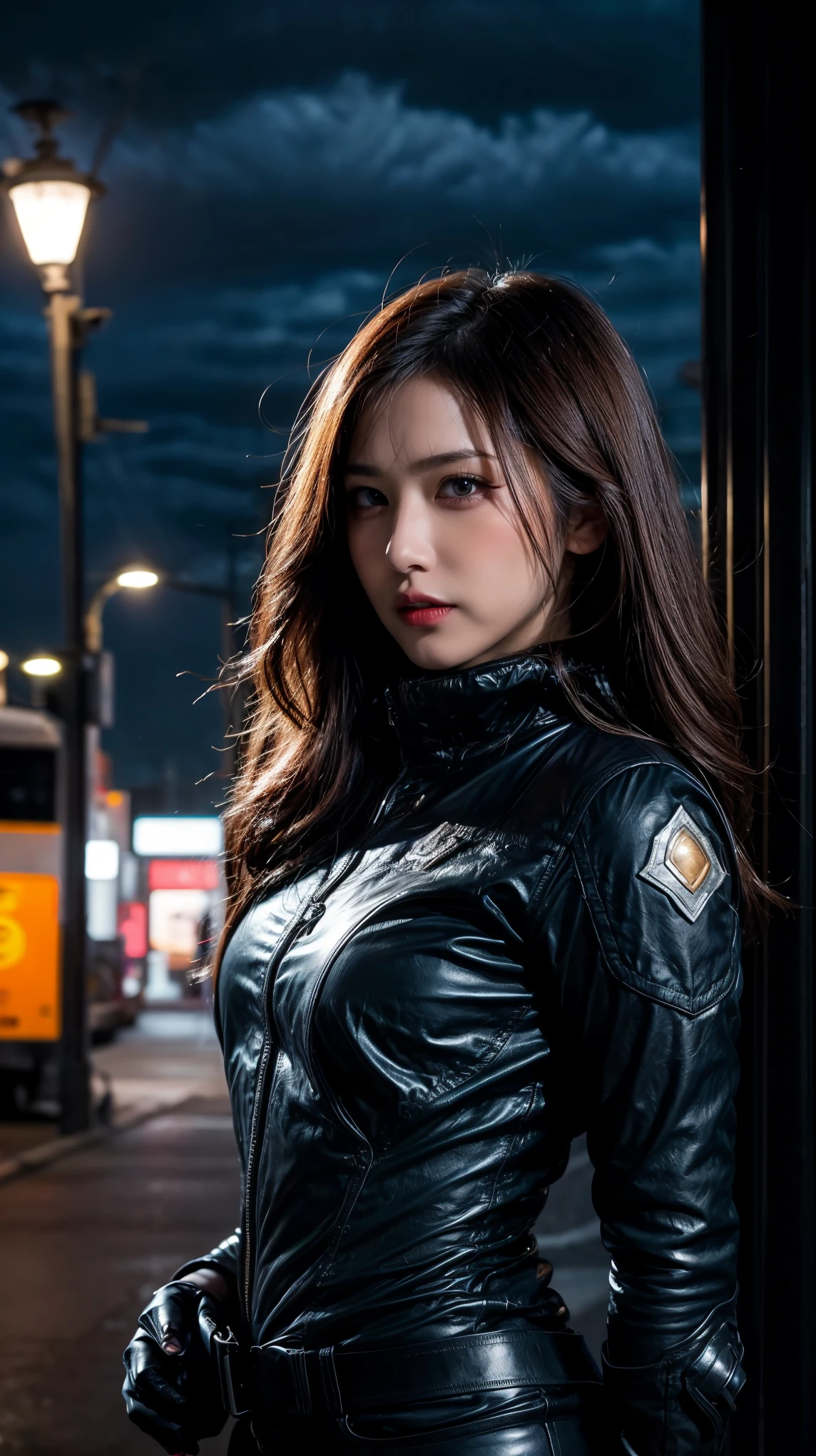 1 Japanese girl, warframe, complicated pattern, heavy metal, energy line, faceless, shining eyes, elegant, intense, blood red and black uniform, alone, modern, city, street, dark clouds, thunderstorm, heavy rain,, dramatic lighting,, (masterpiece:1.2), highest quality, High resolution,   beautiful, very detailed, perfect lighting,