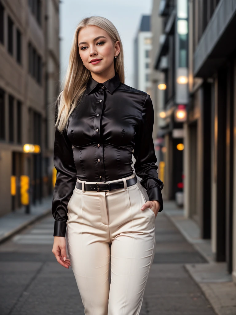 beautiful photograph of a smart looking office lady, solo, outdoors, standing against a midnight city skyline at, street light alleyway wearing a (black silk, collared shirt), fine silky-smooth fabric emphasis, perfectly defined button detailing, (((black high-waisted pants))), belt, diamond stud earrings, (long sleek back, platinum blonde hair), stunning brown eyes, freckles, ((cheeky sensual smile)), slender figure, full body shot, photographed on a Fujifilm XT3, 80mm F/1.7 prime lens, cinematic film still, cinestill 500T, highly detailed, masterpiece, highest quality, intricately detailed, HDR, 8k, uhd, photorealistic