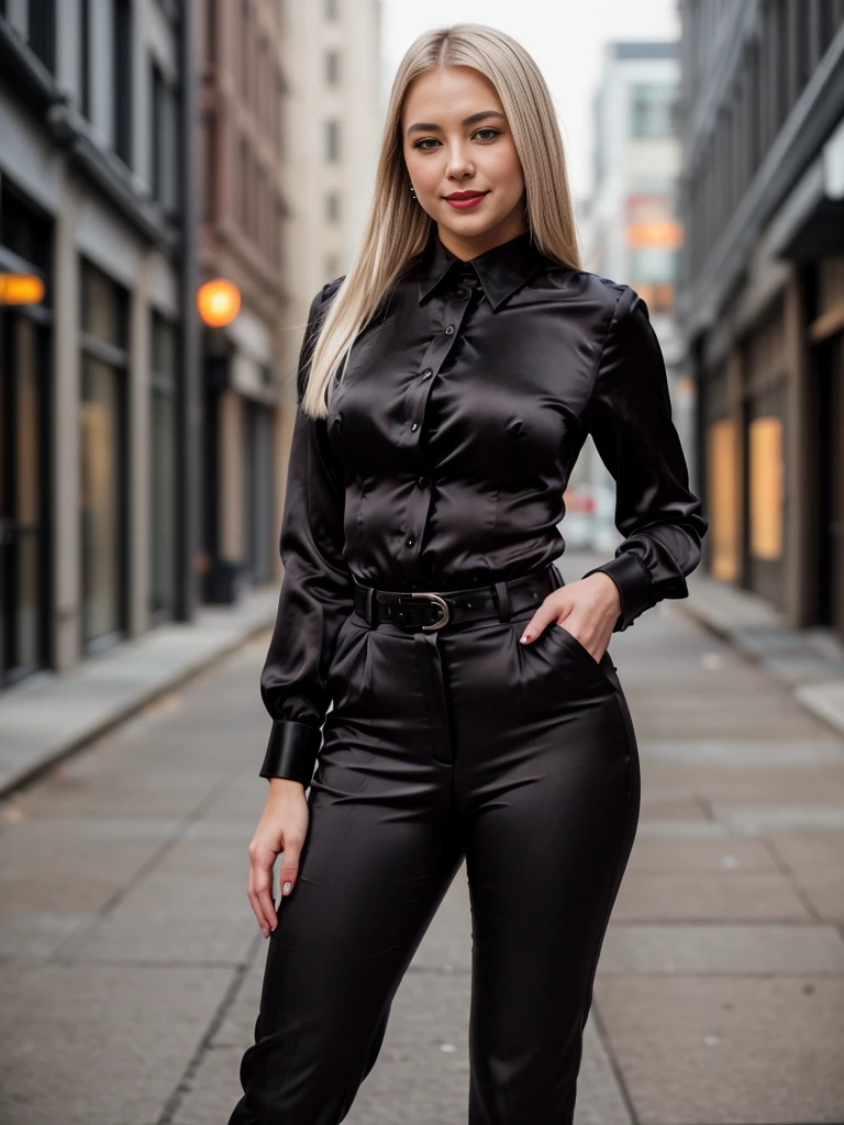 beautiful photograph of a smart looking office lady, solo, outdoors, standing against a midnight city skyline at, street light alleyway wearing a (black silk, collared shirt), fine silky-smooth fabric emphasis, perfectly defined button detailing, (((black high-waisted pants))), belt, diamond stud earrings, (long sleek back, platinum blonde hair), stunning brown eyes, freckles, ((cheeky sensual smile)), slender figure, full body shot, photographed on a Fujifilm XT3, 80mm F/1.7 prime lens, cinematic film still, cinestill 500T, highly detailed, masterpiece, highest quality, intricately detailed, HDR, 8k, uhd, photorealistic