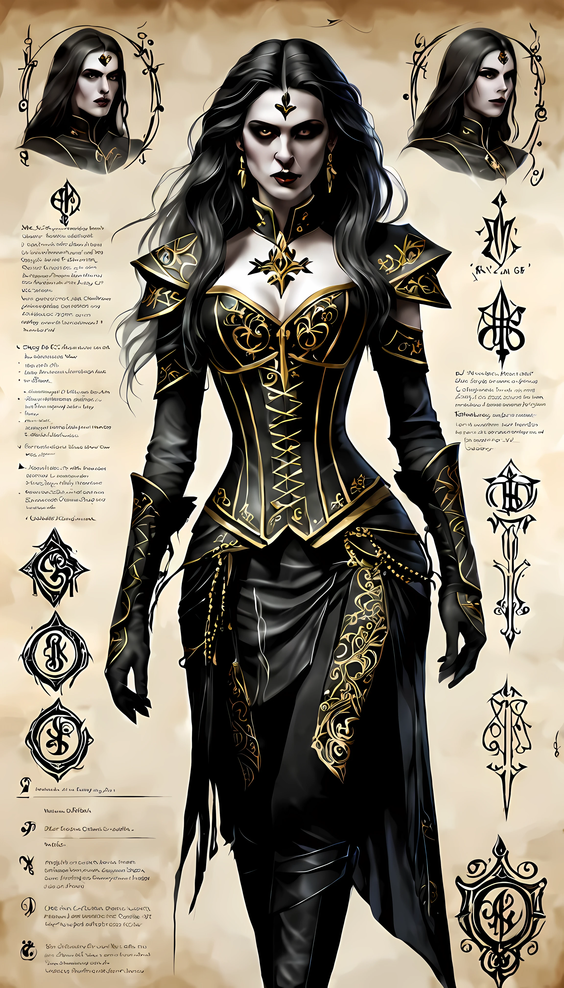 sketch_sheet, front view of menacing Lysandra, an alluring necromancer with with flowing hair and vivid eyes, her attire consists of a fitted high-collared corset with intricate lace-up details, flowing skirt with mystical symbols, fingerless gloves, pendant, mysterious aura of dark elegance, golden ration, sharp focus, dynamic, cinematic, magical, masterpiece in maximum 16K resolution, superb quality. | ((More_Detail))