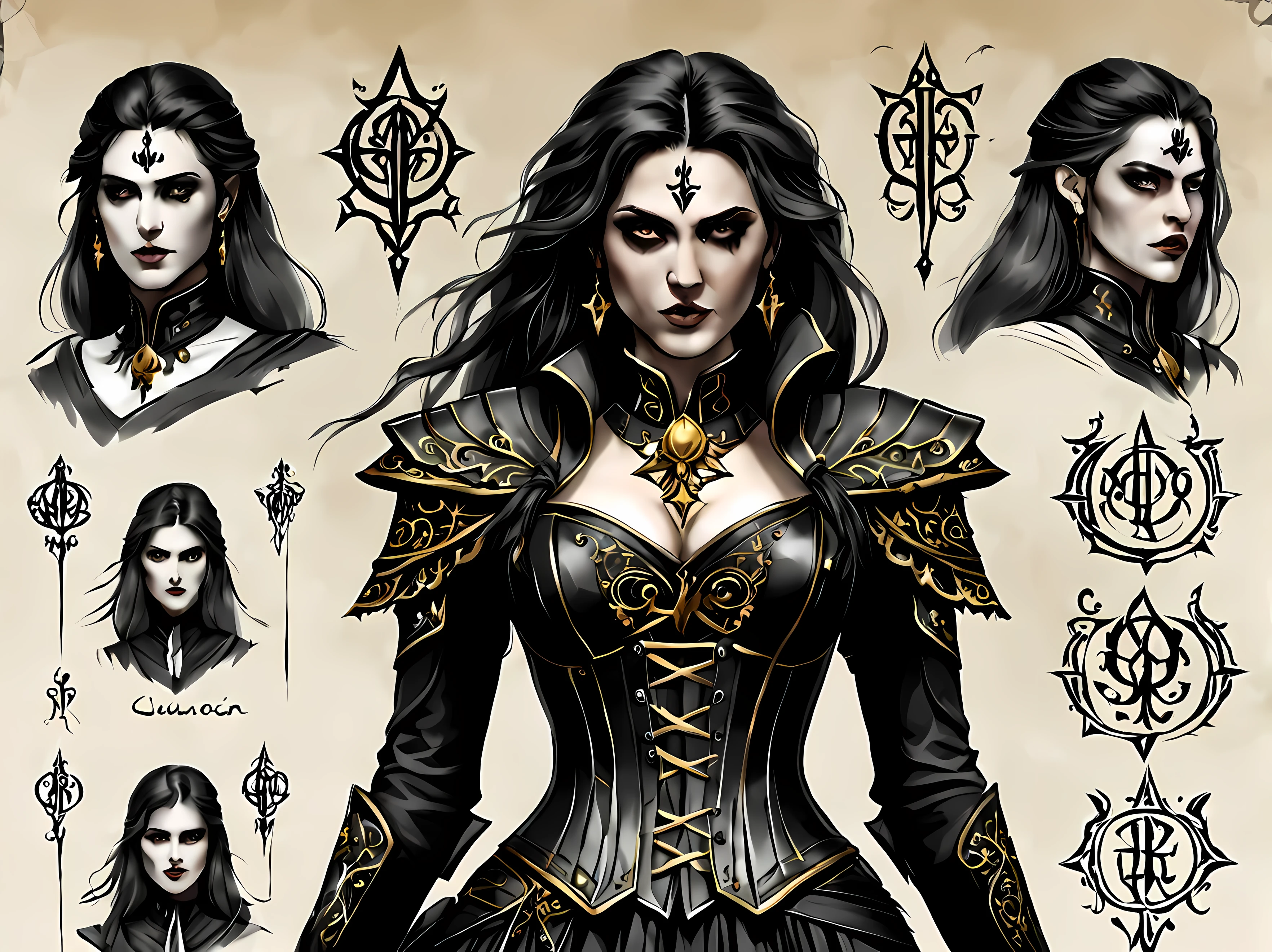 sketch_sheet, front view of menacing Lysandra, an alluring necromancer with with flowing hair and vivid eyes, her attire consists of a fitted high-collared corset with intricate lace-up details, flowing skirt with mystical symbols, fingerless gloves, pendant, mysterious aura of dark elegance, golden ration, sharp focus, dynamic, cinematic, magical, masterpiece in maximum 16K resolution, superb quality. | ((More_Detail))