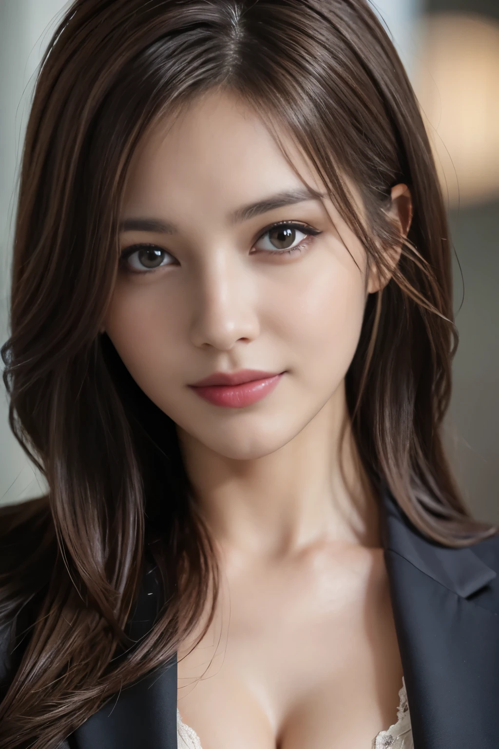 table top, highest quality, realistic, Super detailed, finely, High resolution, 8k wallpaper, 1 beautiful woman,, light brown messy hair, wearing a business suit, sharp focus, perfect dynamic composition, beautiful and detailed eyes, thin hair, Detailed realistic skin texture, smile, close-up portrait, model body shape,cleavage