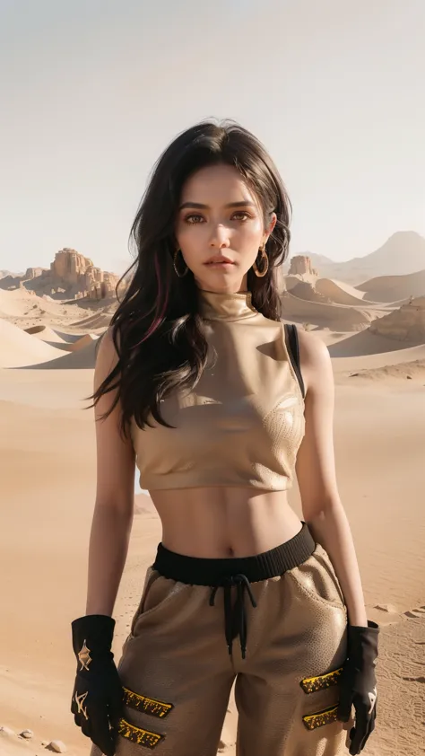 (Sunny day), black long fluffy hair, yellow eyes, look chic (crop top, gloves, sweatpants), at the desert, dusty clothing, (moun...