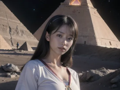(RAW photo, highest quality), (realistic, Photoreal:1.3), 1 girl、realisticbody、old shrine maiden costume、Pyramid-shaped UFO flyi...