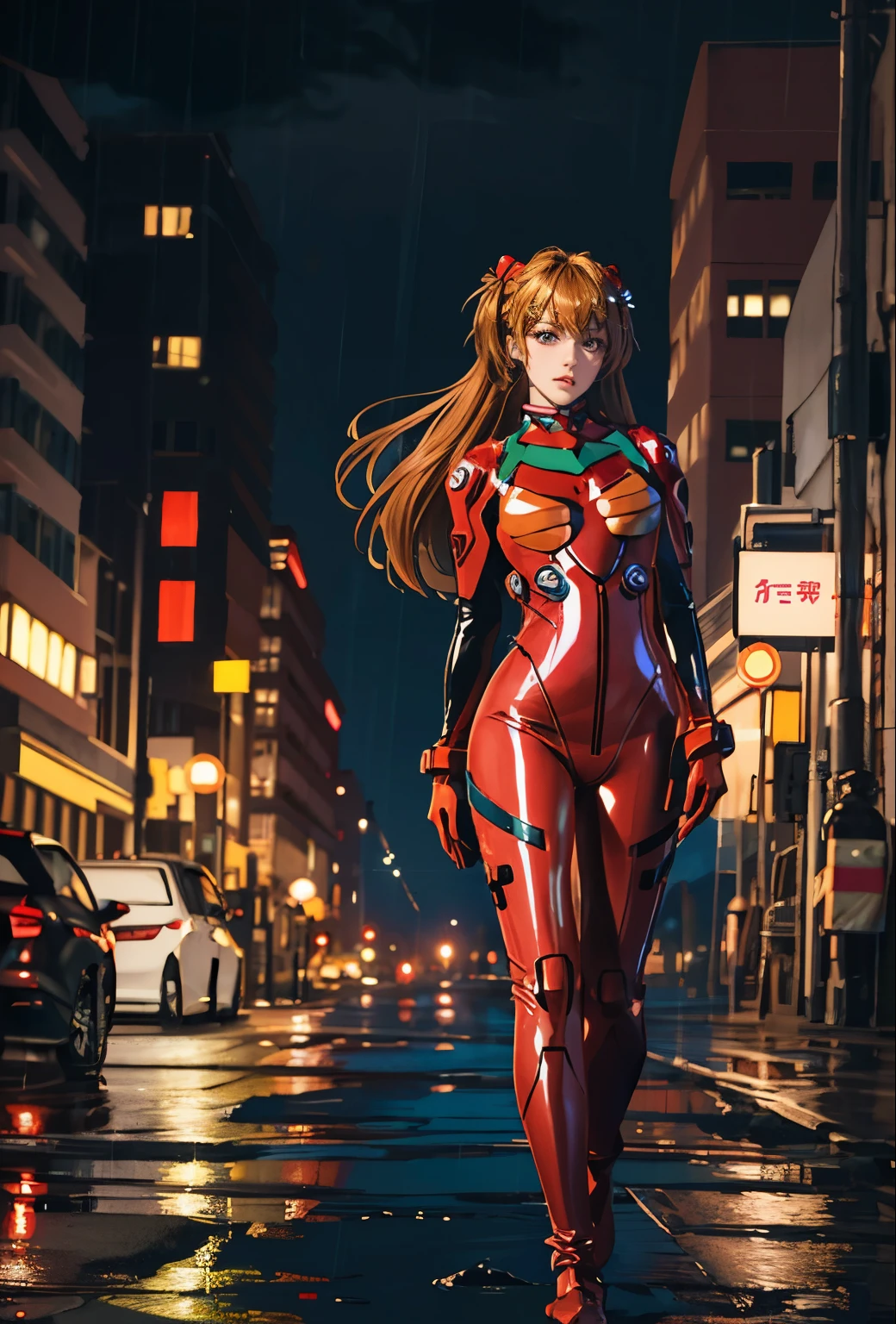 highest quality, kusubero redhead, master part, realistic, realistic, 1 girl, alone, view viewer, whole body, Are standing, long hair, asuka fantasy, , plug suit, body suit, hair ornaments, detailed background, in the street, night, light, rain,