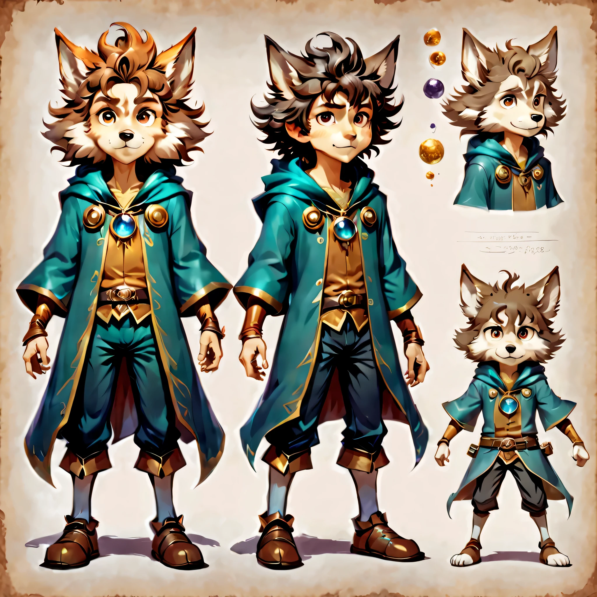 Create an original character design sheet,anime main character,boy,wizard,natural perm,my partner is a wolf,((3 views,whole body, background,multiple views,High resolution)),be familiar with,multiple views,Active,action pose,dynamic,nice,cute,masterpiece,highest quality,In detail,gracefully,sketch,sketch,ラフsketch,propose