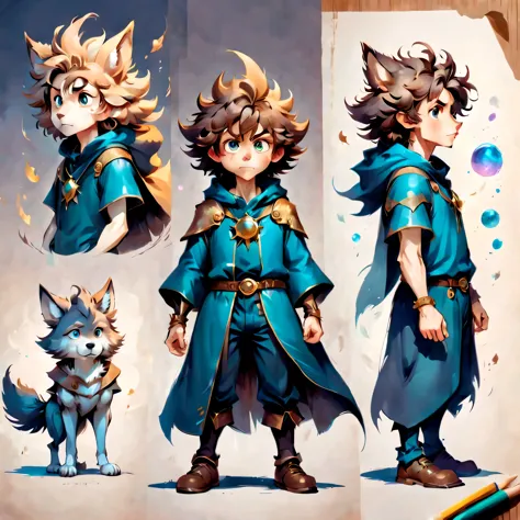 Create an original character design sheet,anime main character,boy,wizard,natural perm,my partner is a wolf,((3 views,whole body...