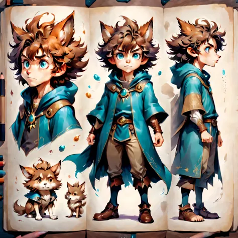 Create an original character design sheet,anime main character,boy,wizard,natural perm,my partner is a wolf,((3 views,whole body...