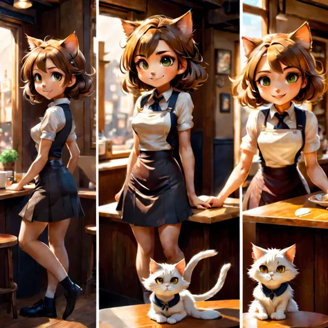 Create an original character design sheet,anime main character,girl,cafe clerk,my partner is a cat,((3 views,whole body, backgro...