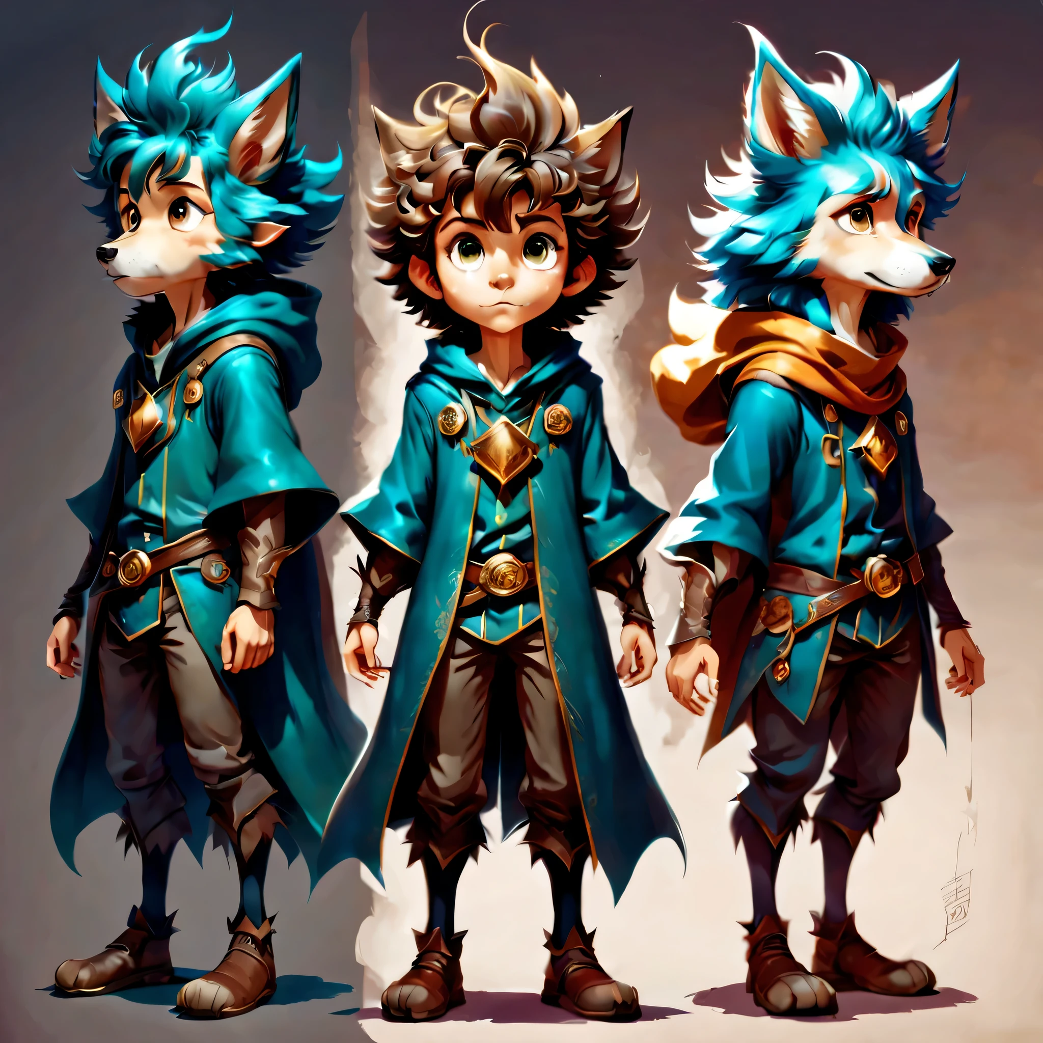 Create an original character design sheet,anime main character,boy,wizard,natural perm,my partner is a wolf,((3 views,whole body, background,multiple views,High resolution)),be familiar with,multiple views,Active,action pose,dynamic,nice,cute,masterpiece,highest quality,In detail,gracefully,sketch,sketch,ラフsketch,propose,In detail,8k,rendering,beautiful light and shadow