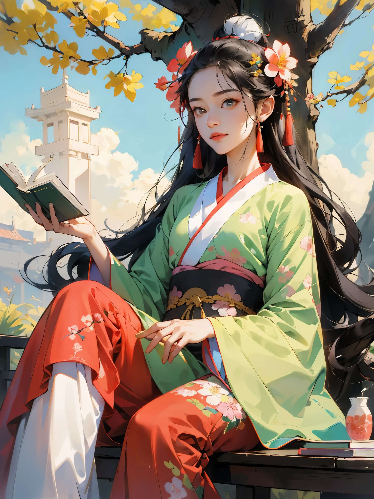 absurdres, highres, ultra detailed, (1girl:1.3), hand drawn, simple line, a 20yo girl  in colorful Hanfu, sitting under the peach blossom tree, masterpiece, sunny day, reading book, look at the book