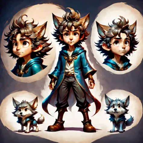 Create an original character design sheet,anime main character,boy,wizard,natural perm,wolf ears and nose,((3 views,whole body, ...