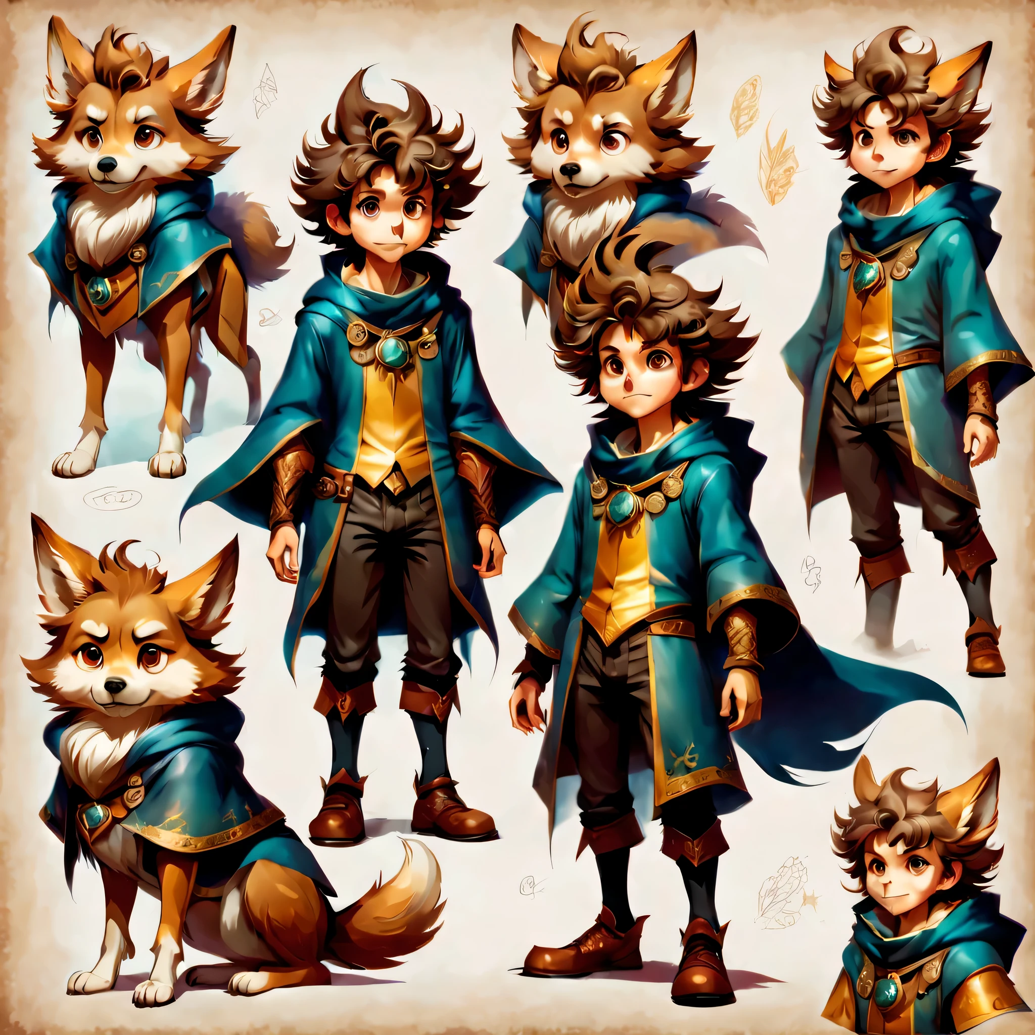 Create an original character design sheet,anime main character,boy,wizard,natural perm,my partner is a wolf,((3 views,whole body, background,multiple views,High resolution)),be familiar with,multiple views,Active,action pose,dynamic,nice,cute,masterpiece,highest quality,In detail,gracefully,sketch,sketch,ラフsketch,propose