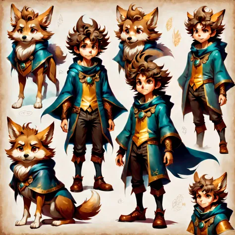 Create an original character design sheet,anime main character,boy,wizard,natural perm,my partner is a wolf,((3 views,whole body, background,multiple views,High resolution)),be familiar with,multiple views,Active,action pose,dynamic,nice,cute,masterpiece,h...