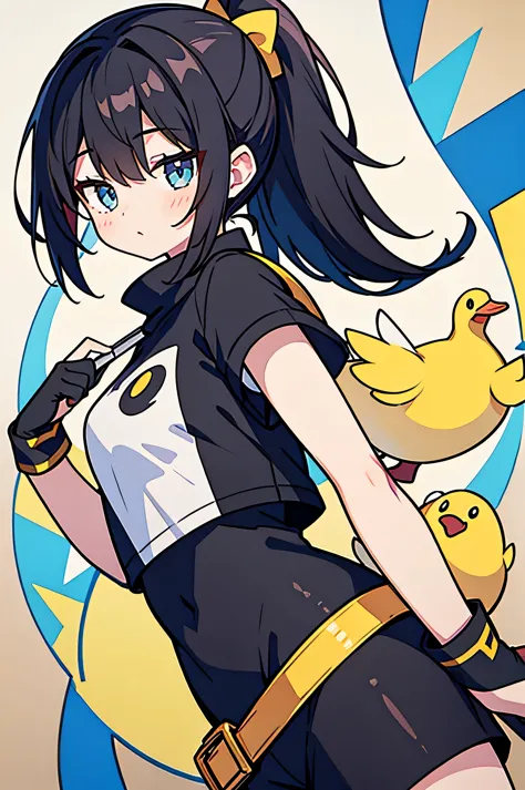 duck costume, girl, alone, whole body, A black-haired one, ponytail