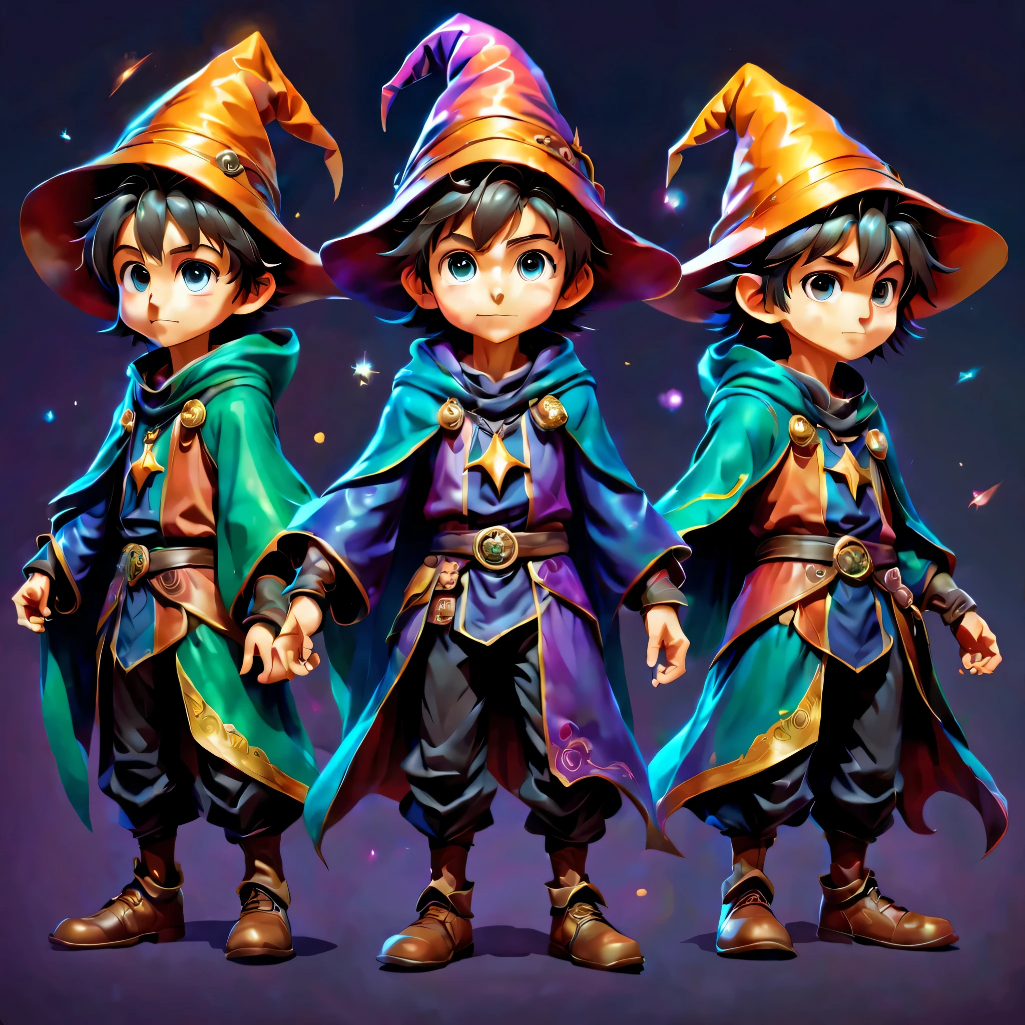 Create an original character design sheet,anime main character,boy,wizard,((3 views,whole body, background,multiple views,High resolution)),be familiar with,multiple views,Active,action pose,dynamic,nice,cute,masterpiece,highest quality,In detail,gracefully,rich colors,Cast a colorful spell,colorful,Plain background
