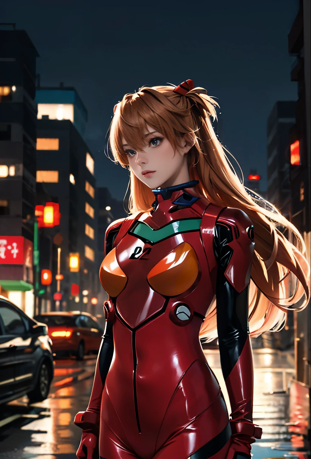 highest quality, kusubero redhead, master part, realistic, realistic, 1 girl, alone, view viewer, whole body, Are standing, long hair, asuka fantasy, , plug suit, body suit, hair ornaments, detailed background, in the street, night, light, rain,