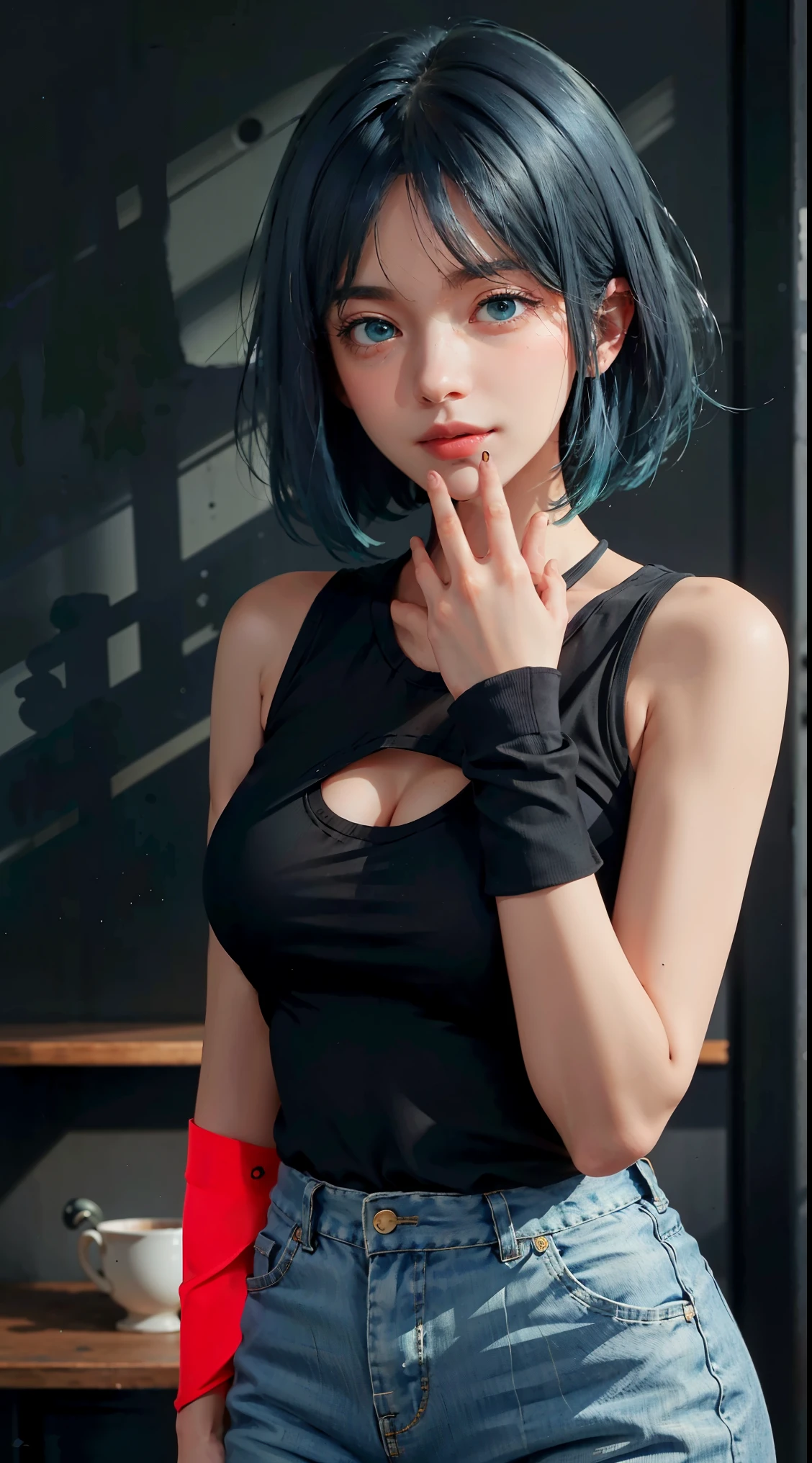 (masterpiece: 1.3), 最高quality, ultra high resolution, 1 girl, (big :1.2), (blue hair, green eyes, bangs, short hair) ((girl akanekurokawa )) perfect eyes, has a very sexy body, full chest and thin waist, and very sexy body, nude ,has a bold look. young, quality, Ultra high definition, realistic, cute expression, shy smile, Calm, at the park, (Are standing)
