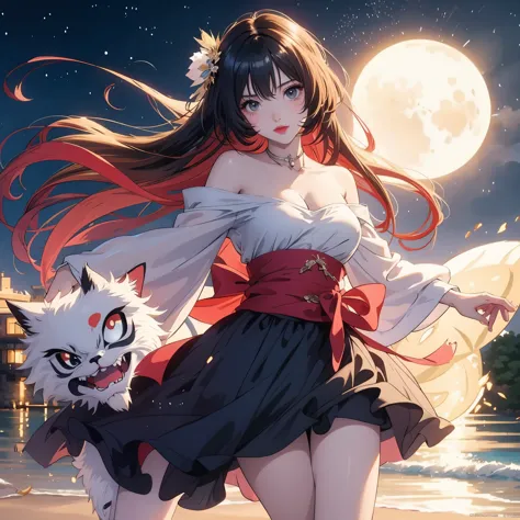 Anime girl with cat on the beach at night, anime style 4 k, anime art wallpaper 8k, anime style. 8k, anime wallpaper 4k, anime w...