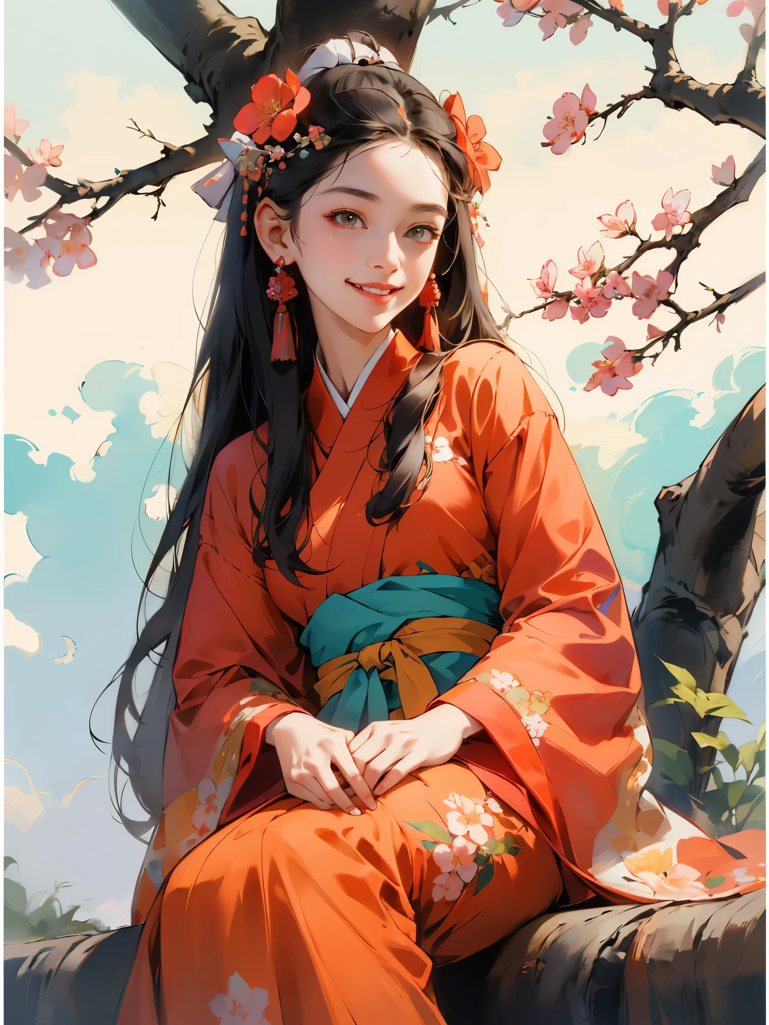 absurdres, highres, ultra detailed, (1girl:1.3), hand drawn, simple line, a 20yo girl  in colorful Hanfu, sitting under the peach blossom tree, masterpiece, sunny day, smile