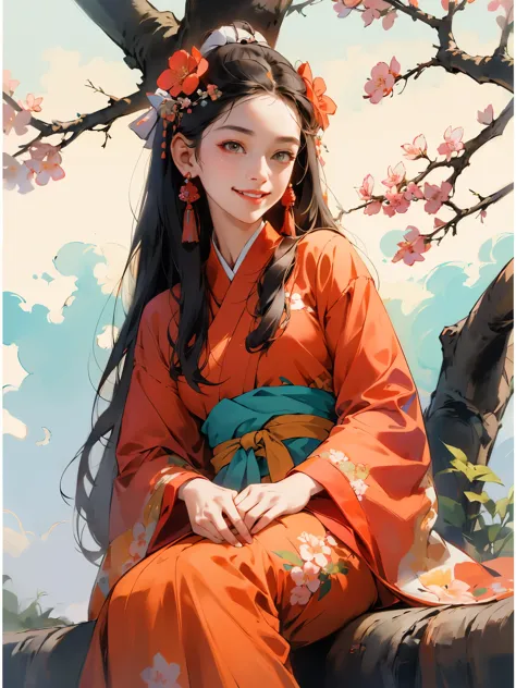 absurdres, highres, ultra detailed, (1girl:1.3), hand drawn, simple line, a 20yo girl  in colorful Hanfu, sitting under the peac...