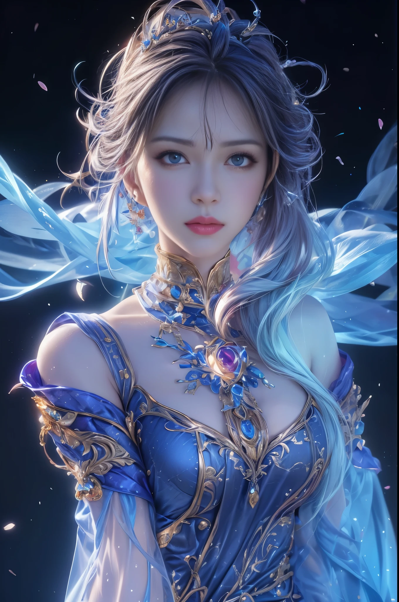 (best quality, realistic, photo-realistic:1.37), vibrant colors, sexy female, oversized breasts and thighs, seductive pose and looks, smooth curves, sensual pose, soft lighting, anime-style, long flowing hair, detailed eyes and lips, alluring gaze, intricate clothing, fantasy backdrop, dreamy atmosphere.