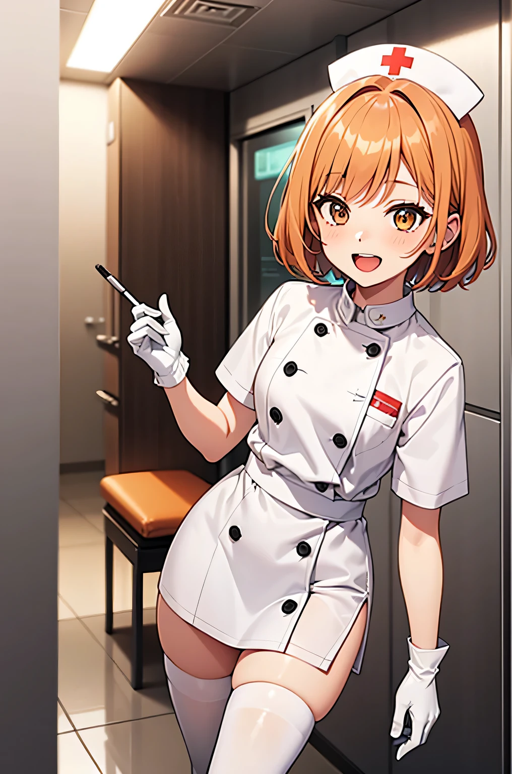 1 boy, alone, male focus, nurse, nurse cap, white clothes, ((white legwear, zettai ryouiki)), white gloves, short hair, orange hair, smile, open your mouth, Are standing, ((hospital room)), sharp outline, short sleeve, Shota, 12 years old, highest quality, masterpiece