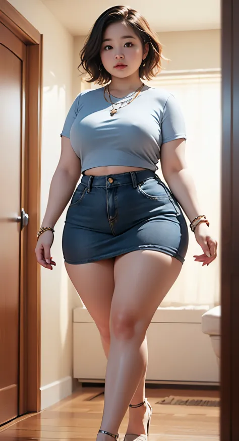 ((best quality)), ((masterpiece)), (detailed), perfect face, araffe woman in a dark-blue shirt and blue denim skirt walking down a dark room, thicc, she has a jiggly fat round belly, bbwchan, wearing tight simple clothes, skinny waist and thick hips, wides...