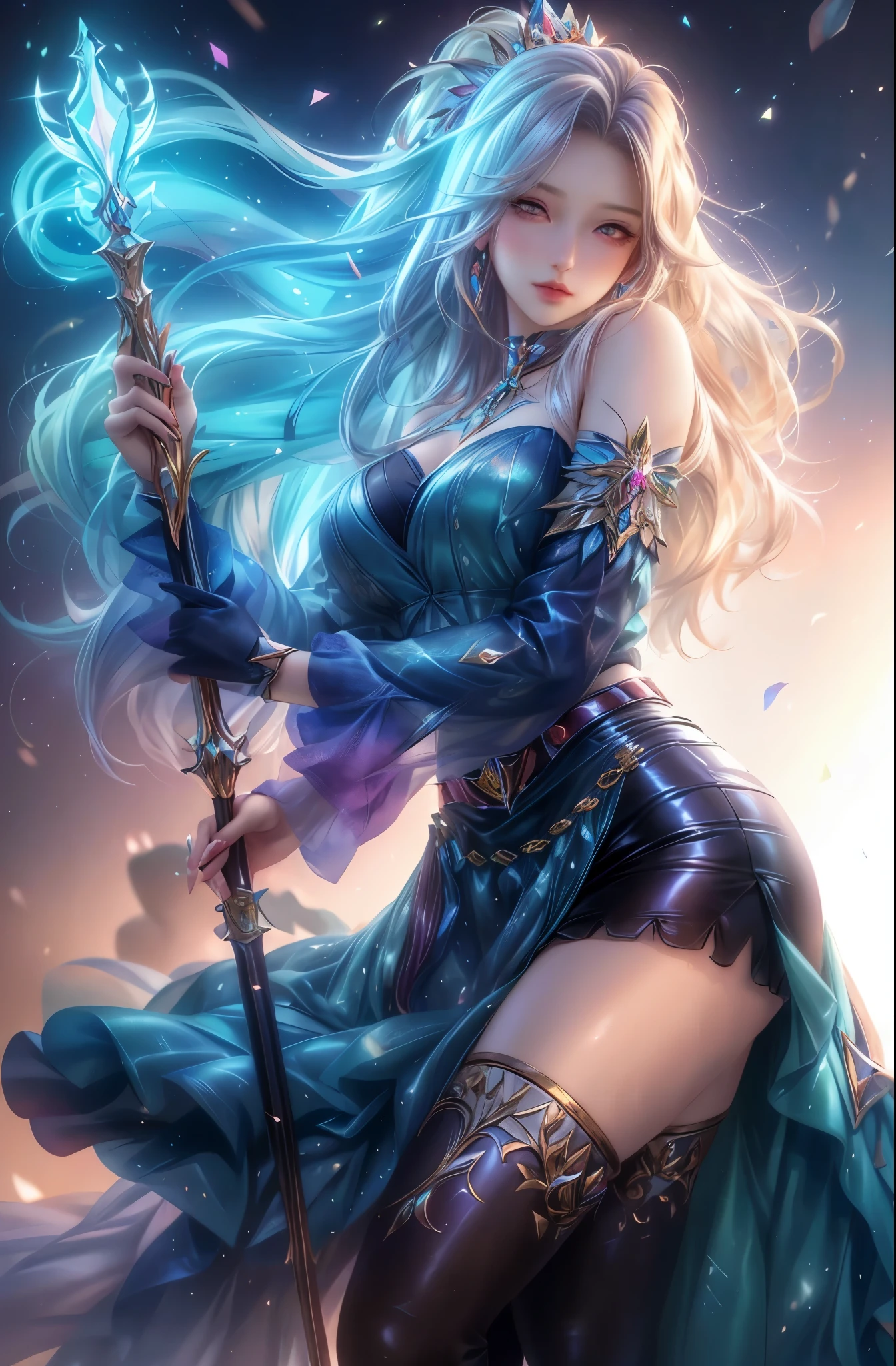 (best quality, realistic, photo-realistic:1.37), vibrant colors, sexy female, oversized breasts and thighs, seductive pose and looks, smooth curves, sensual pose, soft lighting, anime-style, long flowing hair, detailed eyes and lips, alluring gaze, intricate clothing, fantasy backdrop, dreamy atmosphere.