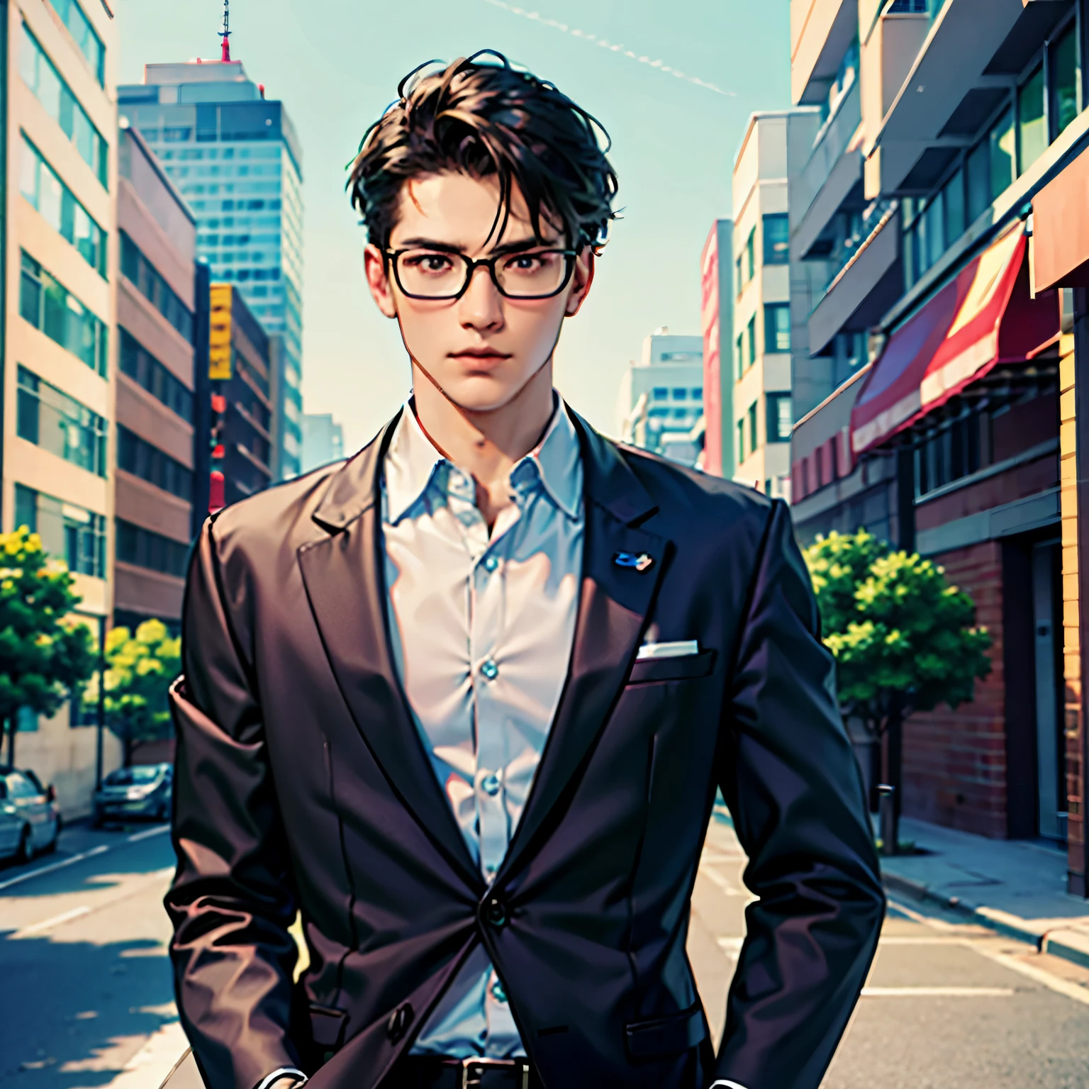 (best quality,4k,8k,highres,masterpiece:1.2), ultra-detailed, realistic:1.37, young male bank clerk, black hair, short hair, wearing glasses, intense gaze, close-up shot, urban cityscape in the background.