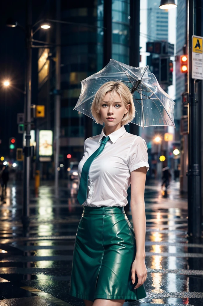 1girl, beautiful blue eyes, blonde hair cascading down her shoulders, short hair framing her delicate face, wearing a crisp white shirt with a neatly tied green tie, and a flowing green skirt that matches her tie perfectly. Her outfit contrasts with the urban landscape surrounding her, as raindrops cascade down from the dark gray sky, creating a dreamy atmosphere.

The cityscape is intricately detailed, with tall buildings reaching towards the sky, their windows reflecting the shimmering lights from the street below. The rain glistens on the wet pavement, with puddles forming in the crevices of the sidewalks. The background is filled with various elements, such as bustling cars driving through the rainy streets, pedestrians hurrying under umbrellas, and colorful billboards lighting up the night.

The image is of the highest quality, capturing every detail with precision. It is a masterpiece in 4k resolution, showcasing ultra-detailed elements that bring the scene to life. The overall aesthetic leans towards photorealism, with studio lighting highlighting the girl's features, the city's textures, and the raindrops falling gracefully.

The art style of this image is a blend of realism and a touch of concept art, infusing the scene with a sense of intrigue and imagination. The color palette is dominated by cool tones, with shades of blue and green reflecting the rainy atmosphere. The lighting enhances the mood of the image, with soft shadows and highlights creating depth and dimension.

This prompt captures the essence of a girl in an urban rain-soaked setting, combining the beauty of the protagonist with the detailed background to create a captivating visual narrative.