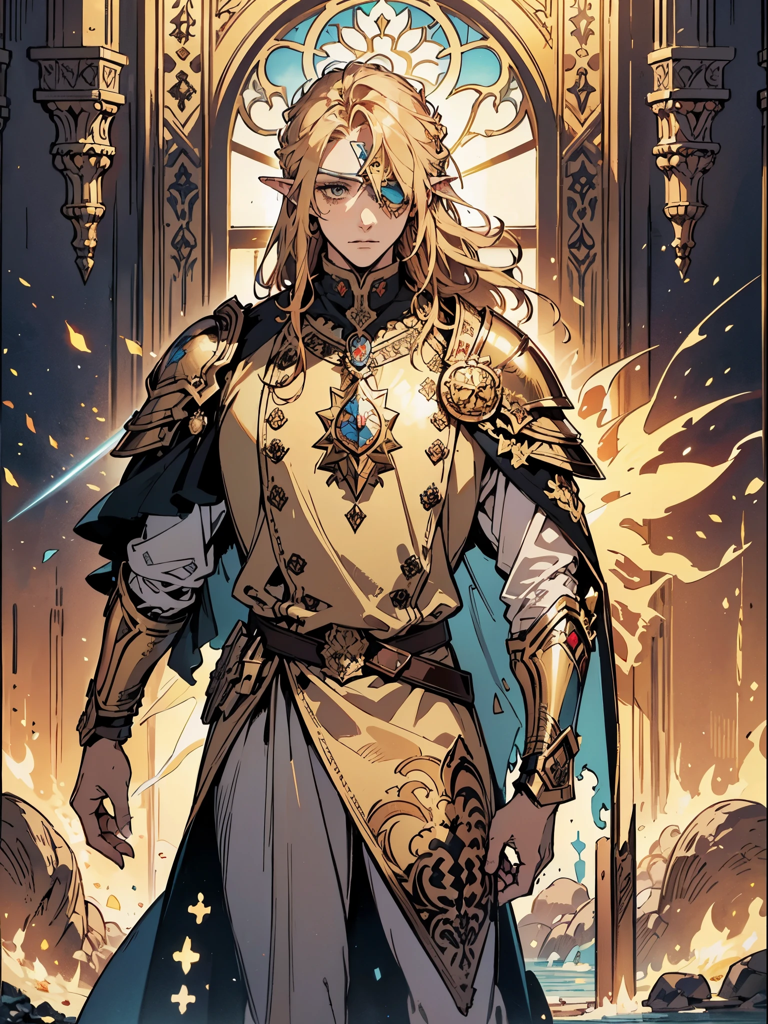 (Flat color:1.1),(Colorful:1.3),(Masterpiece:1.2), tarot: Paladin, Best quality, Masterpiece, Original, 1 male, elven ears, muscular, blonde mid length  hair, ((eyepatch)), brown eye, (full gold plate armor)，(bright red cape), (holding a large sword and shield), Full body photo of men，Very detailed wallpaper,Solo，golden scenery，tarot card layout，Best quality, Masterpiece, (Realistic:0.6), Realistic lighting, Flower frame， Decorative panels， abstract artistic， Alphonse Mucha （tmasterpiece， best qualtiy， A high resolution： 1.4）， A detailed， Complicated details， 4K，cerulean， Line art， Fibonacci